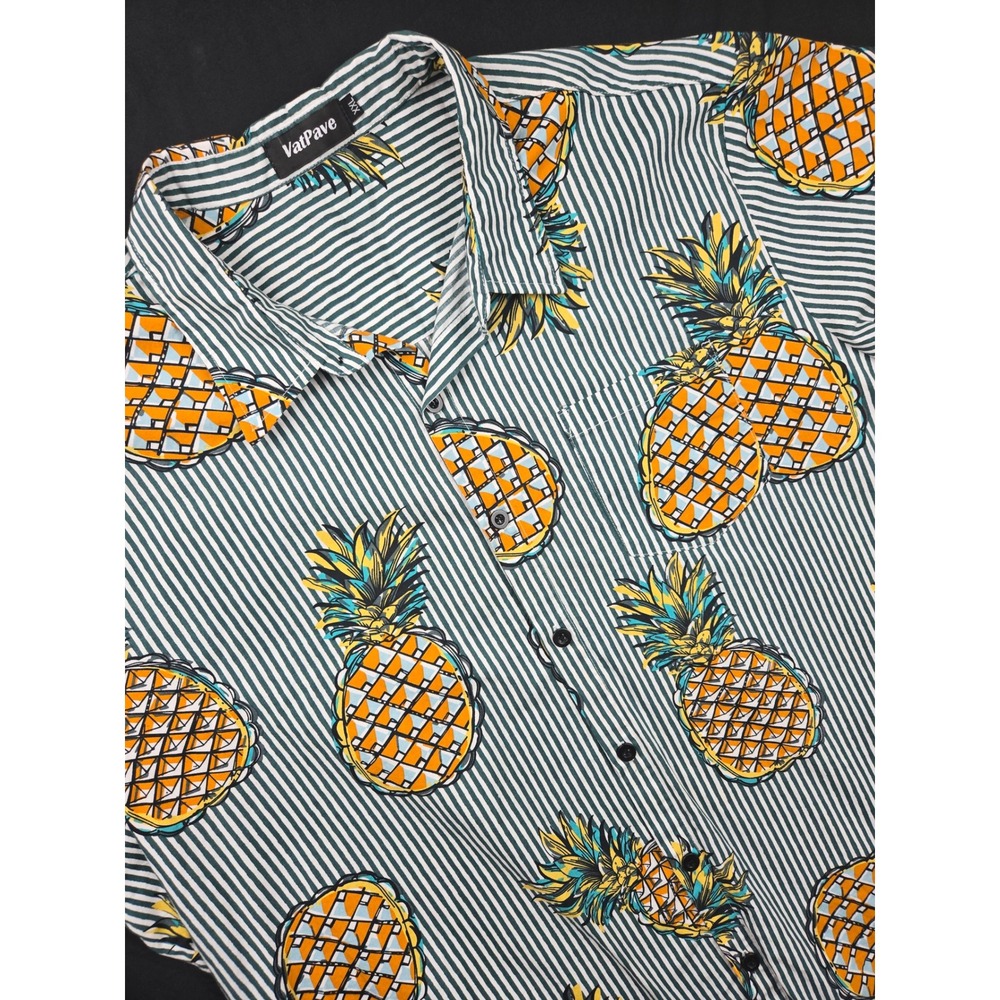 VatPave Hawaiian‎ Shirt Men's Pineapples Striped Short Sleeve Button Up